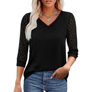 Womens Black V-Neck Lace Sleeve Tunic Top Small Casual Business